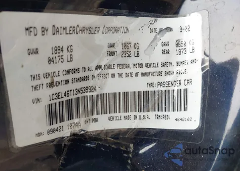 2003 Chrysler Sebring Lx из США, поврежденный, VIN 1C3EL46T13N539924